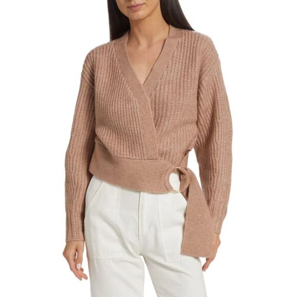 Design History Wrap Sweater Side Buckle Ribbed Small Brown Gingersnap - Picture 3 of 7